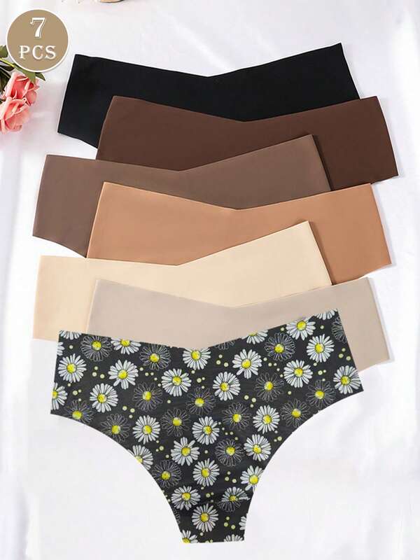 7pcs/Pack Women Seamless Shaping One-Piece Comfortable Elastic Smooth Triangle Panties, Floral Print & Solid Color, Suitable For All Seasons And Daily Wear