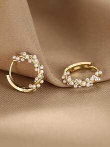 1 Pair Fashionable, Elegant, Minimalist & Versatile Pearl Earrings - Yellow Gold - View 3