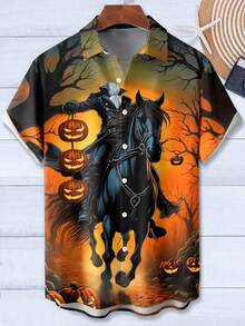 Camicia a maniche corte da uomo con stampa di cavaliere e zucca di Ognissanti, con tasche