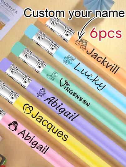 10 lápis de texto com gravação personalizada, materiais escolares de volta às aulas, lápis personalizados, lápis personalizados a granel, lápis gravados personalizáveis, 19 cm/7,5 polegadas, 5 cores: verde/azul/amarelo/roxo/branco, lápis apagáveis, lápis de desenho com borracha, itens baratos por menos de 5 dólares, canetas engraçadas