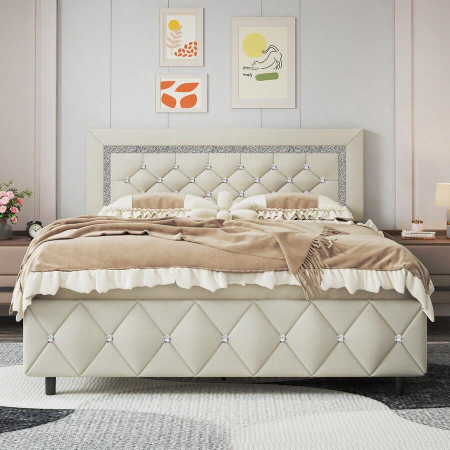HOMBCK Twin/ Full/ Queen/ King Size Bed Frame, Upholstered Bed Frame With Diamond Headboard And Footboard, No Box Spring Needed, Easy Assembly, White/ Beige/ Black/ Grey/ Pink/ Purple/ Green - 米色 - 查看 1