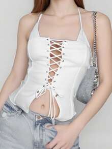 Chaleco de verano para mujer, sin mangas, con cuello halter, espalda abierta, cruzado y vendaje - Blanco - Ver 6