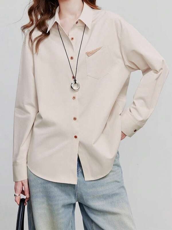 Damen Einfarbiges Langarm Hemd, apricotfarbene Lässig Bluse mit Taschen und Knöpfen vorne, geeignet für Bürokleidung, Frühling/Herbst