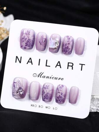 纯手工美甲，10 件套，灰紫色，短梯形，美丽，香氛风格，法式尖头指甲，按压式指甲，新年指甲，情人节指甲，紫外线指甲，夏季指甲，可穿戴美甲，优雅大方的设计，高端法式风格，凝胶抛光，闪光，猫眼效果，金属光泽