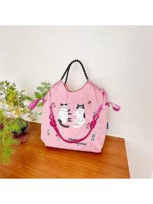 1 Stück große Kapazität rosa Nylon Leinwand Shopper Tasche mit Katzen Aufdruck, lässige vielseitige Cartoon Schulter Umhängetasche mit Riemen