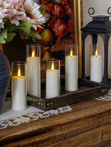 5-Piece Acrylic Flameless LED Candles, Battery Operated LED Candles, Flickering LED Candles, Seasonal Decorative Lights, With Remote Control And Timer, 3D Wicks, Pillar Candles, Long-Lasting And Durable, Suitable For Bedroom Decor, Wedding Decor, Vintage Decor, Room Decor, Party, Halloween, Christmas, Birthday, Home Decor (2.2" X 5", 6", 7", 8") - 白色 - 查看 5