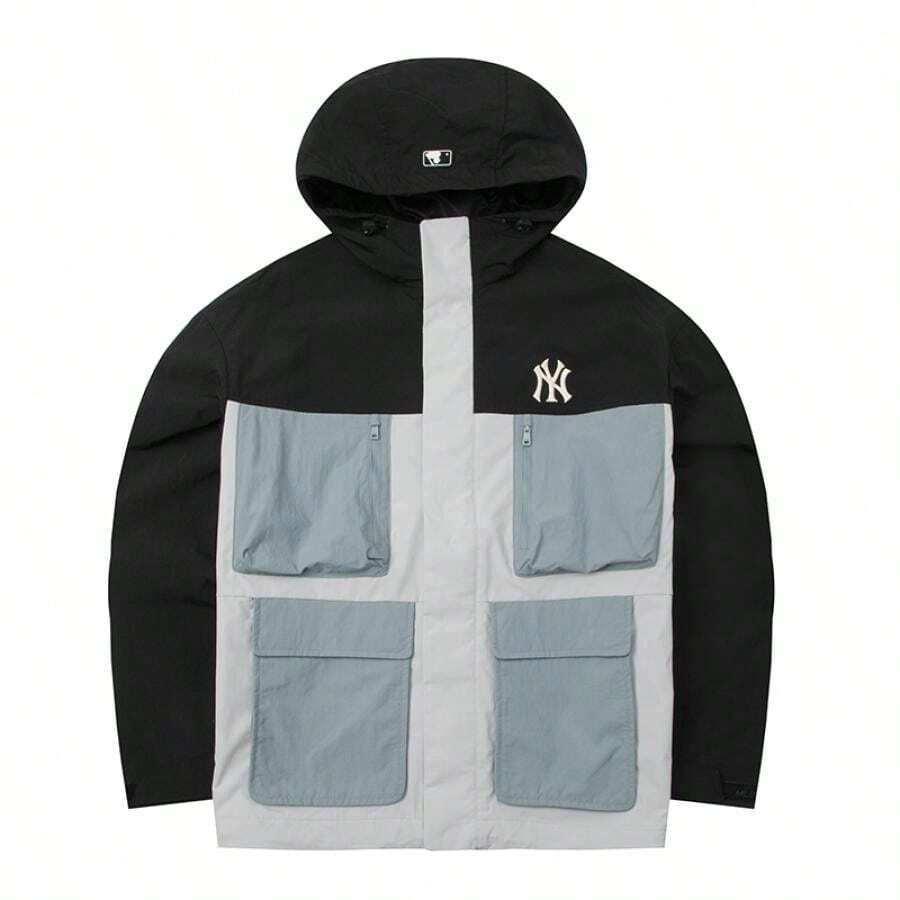 MLB Unisex Casual Woven Hooded Jacket, GORPCORE POCKET BLOCKING WINDBREAKER, Minimalist Sportswear Outerwear, 3AWJB0751-50BKS
