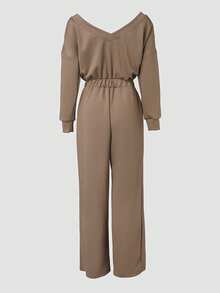 Damen schicke einfarbige Jumpsuit, Off-Shoulder V-Ausschnitt, elastischer Taille, Taschen und weitem Bein, für Lässig-Partys und Festivals