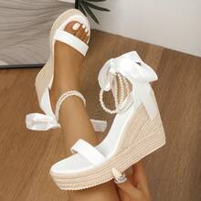Sandalias de plataforma y cuña para mujer, estilo coreano de verano, versátiles, con suela gruesa, tacón súper alto y tejido de paja - Blanco - Ver 2