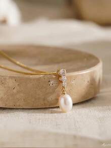 金色人造锆石仿珍珠吊坠项链和耳环套装 - 女士时尚、优雅、精致的新娘首饰套装、新娘首饰、婚礼配饰、时尚首饰礼品 - 金色 - 查看 7