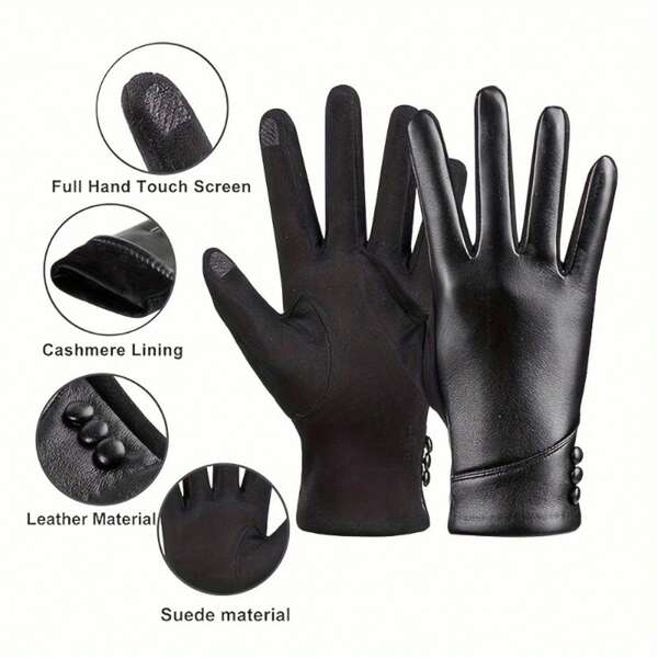 Cold-Resistant Winter Gloves - Touchscreen Compatible, Soft Genuine Leather Exterior & Fleece Lining, Non-Elastic Fit For Smartphone, Driving, Commuting - Brown/Black/Red/ Colors - Hand Washable, Gloves For Cold Weather, Outdoor Accessories, Sleek Design, Durable Construction, Outdoor Enthusiasts, Cold Weather Gear, Monochrome Design, Daily Commuters Plush-Lined Winter Gloves - Warm, Thick Touchscreen Compatible With Cycling & Driving