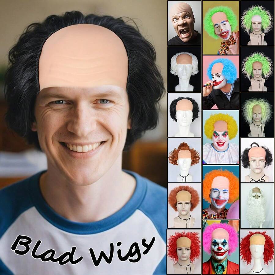 Synthetic Hair Bald Wigs - Party Horror Clown Joker Devil Wig & Old Man With Beard Grandpa Wig & Monk/Wizard Wig & Thick Bald Skin Head Hairless Fake Skull Wig & Short Curly Funny Holiday Cosplay Wig, Christmas Disco Rocker Ghost Evil Scary Killer Costume Hairpieces, Movie Character Fake Hair, Creepy Masquerade Balls, Birthday Celebration Decor/Props