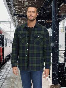 KEFITEVD Men's Fleece Flannel Shirt Jackets Winter Sherpa Lined Plaid Coats Button Down Warm Casual Work Jackets - 綠色 - 查看 3