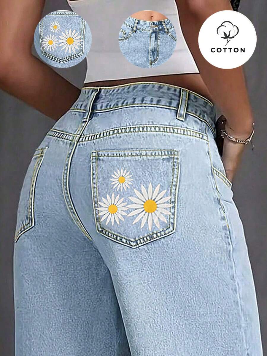 Cute Daisy Print Pocket Design Straight Leg Jeans For Women - Light Wash - View 1