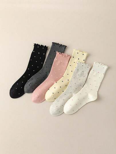 1/6 双秋季新款日系 JK 女童波点绒面中筒袜，甜美荷叶边侧边中筒袜，秋季