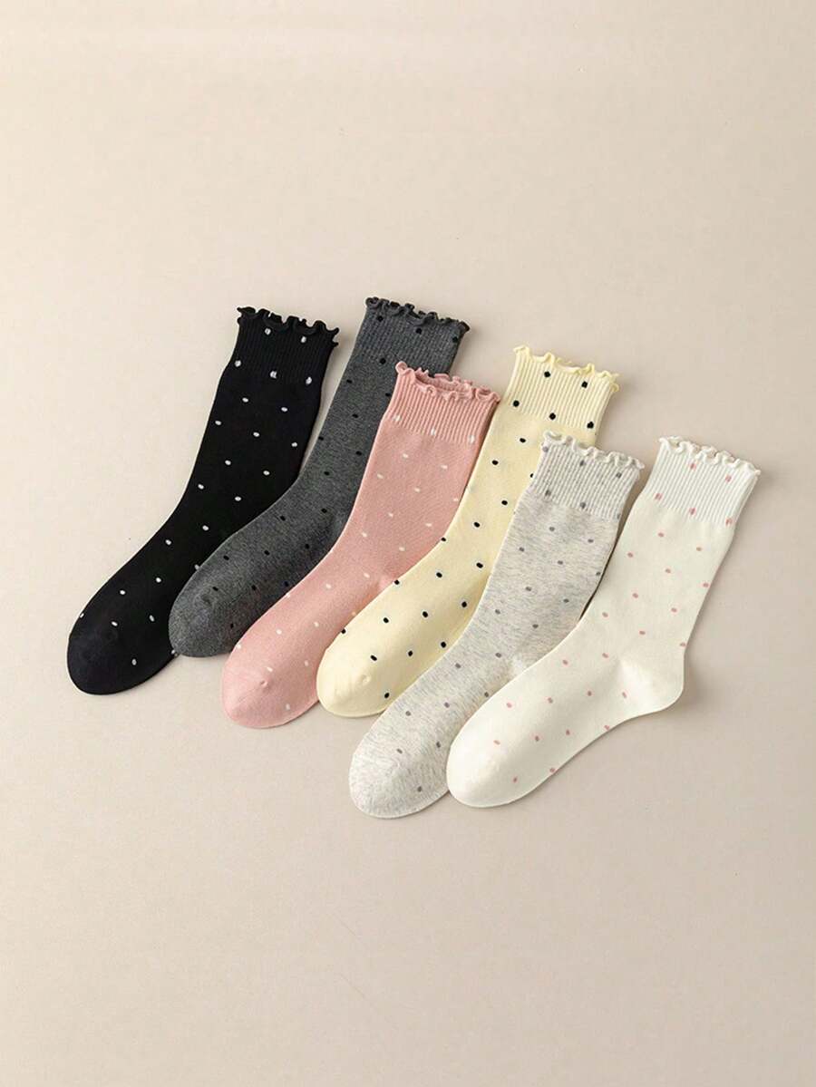 1/6 双秋季新款日系 JK 女童波点绒面中筒袜，甜美荷叶边侧边中筒袜，秋季 - 彩色 - 查看 1
