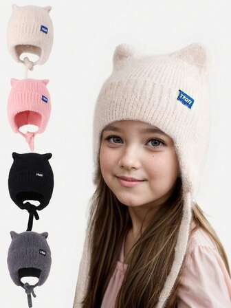 儿童可爱猫耳针织帽，带系带，保暖护耳，适合秋冬季幼儿女童日常佩戴及作为礼物
