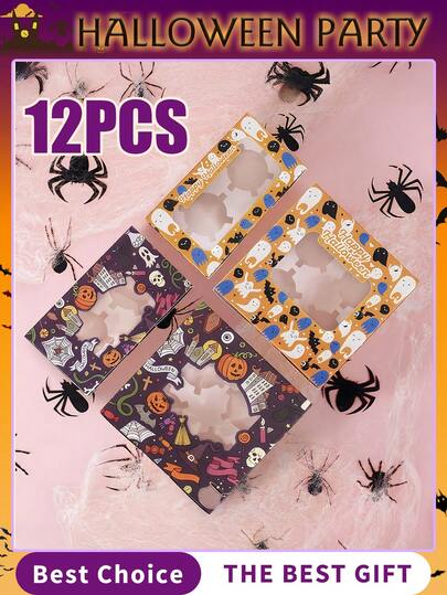 12 piezas Cajas para Cupcakes de Halloween Caja de regalo mini que sostiene 48 contenedores individuales de cupcakes Soporte para cupcakes Fácil transporte y presentación - Ideal para cupcakes, postres y talla grande, 1/12 piezas