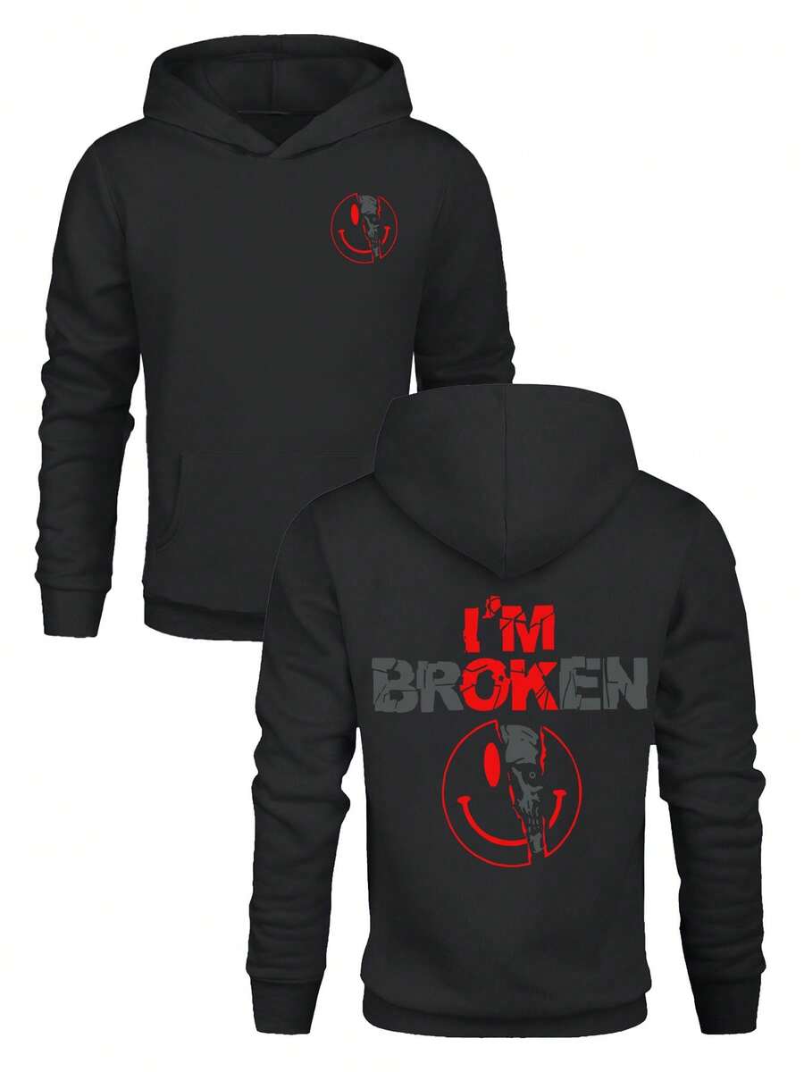 Men's Rock - Inspired Hoodie: "I'M BROKEN" Skull & Smile Graphic, Edgy Autumn Hoodie - màu đen - Xem 1