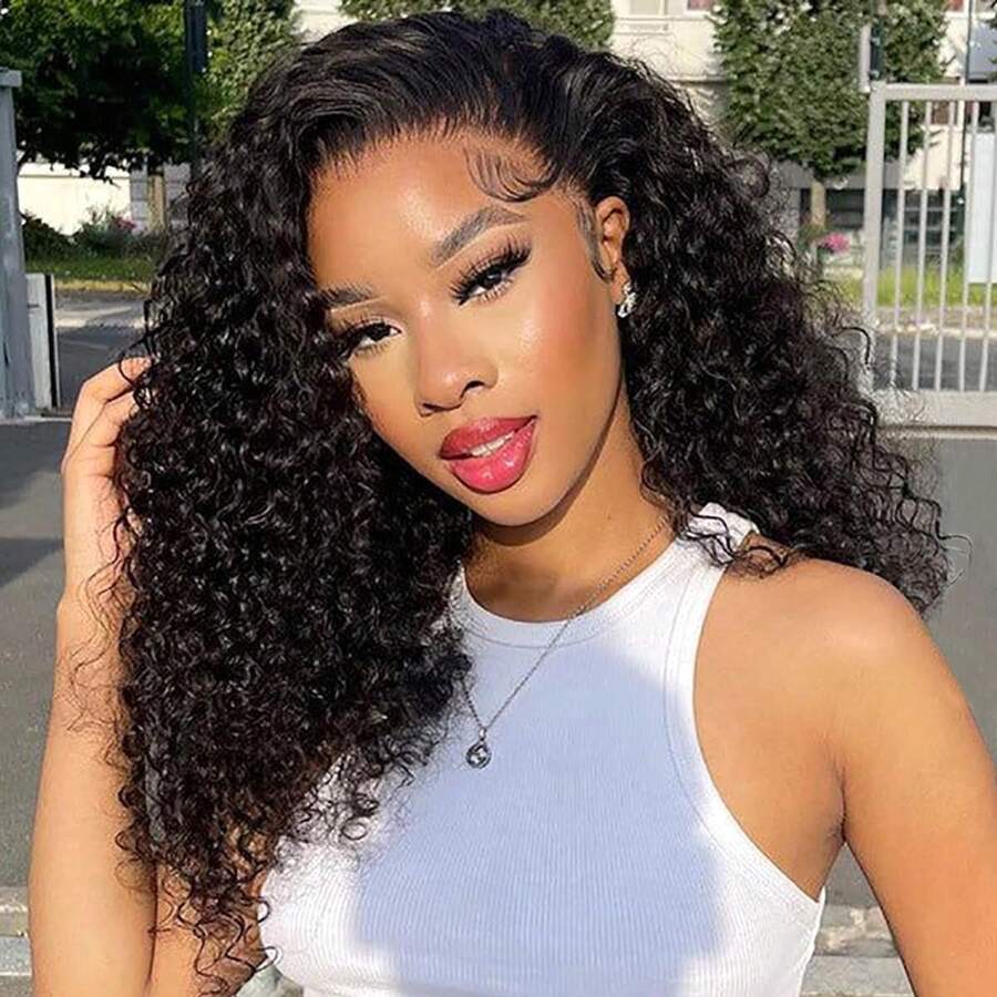 Half Wig Human Hair Glueless Wigs Upgrade 3 IN 1 Half Wig With Drawstring Seamless Clip Ins Flip Over Kinky Curly Human Hair No Glue No Lace For Women 200% Density 22 Inch - Natural Black - 查看 1