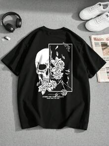 1pc Teen Boys Rose Skull Graphic Print Casual Crew Neck Short Sleeve T-Shirt, Back To School, Black - Black - View 1