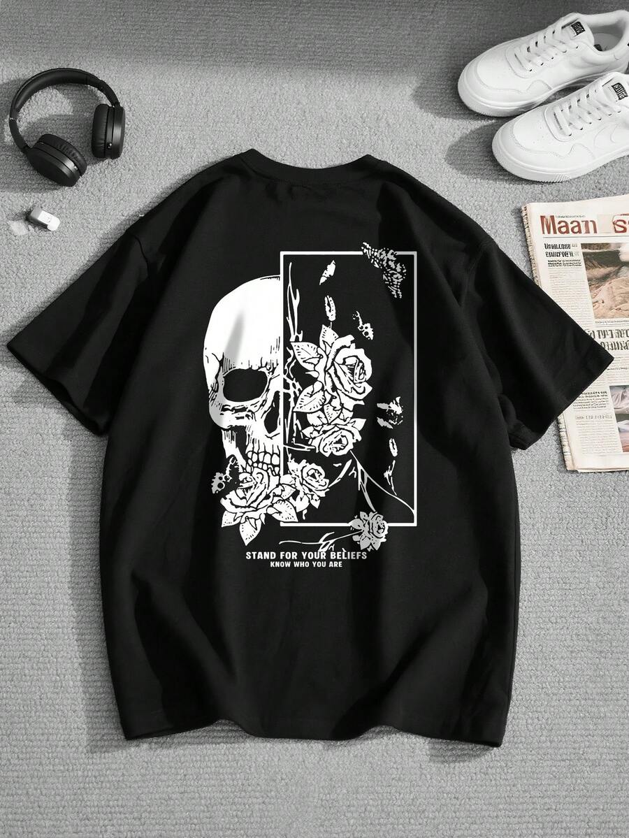 1pc Teen Boys Rose Skull Graphic Print Casual Crew Neck Short Sleeve T-Shirt, Back To School, Black - Black - View 1
