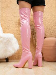 尖头侧拉链细高跟弹力过膝动物印花长靴，时尚冬靴 - 粉色 - 查看 5