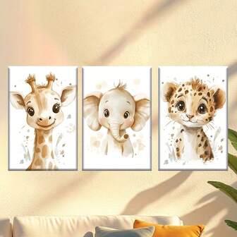 [JIT]3pcs/Set, Canvas Painting--Unframed, Three Cute Youngsters Jungle Animals In The Style Of Watercolor: A Giraffe, An Elephant, And A Leopard., Posters And Prints, Living Room, Office, Library, Bar, Cafe, Abstract Art, Perfect Birthday, Holiday Gift, Easter Egg, April Fools' Day, Mother's Day, International Workers' Day, Graduation Ceremony