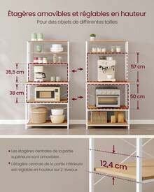 VASAGLE Étagère de Cuisine, Étagère pour Machine à Café, 6 Étagères, 6 Crochets, pour Four à Micro-ondes, Cadre en Acier, Style Industriel, 40 x 80 x 167 cm, Doré Chêne et Blanc Nuage - Blanc - Voir 8