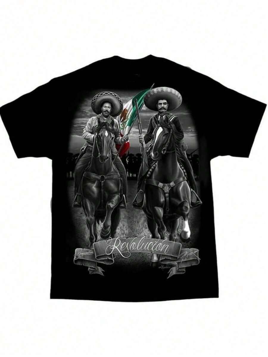 [School Clothes 100% Cotton] Pancho Villa Revolucion Mexico Chicano Art David Gonzales DGA T-Shirt, Fashion Graphic Tee Men And Women's Clothing - Hoodie, Tee And Sweatshirt Full Size S-5XL - White - View 1