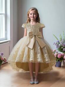 女童刺绣网纱泡泡袖优雅拖尾花童礼服，适合走秀、晚会、派对、生日、学校舞会等场合，不含头饰 - 香檳色 - 查看 4