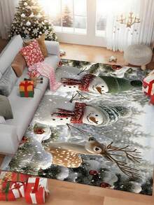 Dywan HKStorage 1 szt. z kryształowego aksamitu z bałwankiem i reniferem, dekoracja świąteczna, zmywalna mata podłogowa, odpowiednia do salonu/sypialni/akademika/na kemping, duży dywan do wewnątrz/na zewnątrz, prostokątny, antypoślizgowy, wykonany maszynowo, poliester