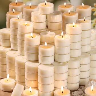 100/50/25颗装大豆蜡茶蜡，燃烧时间长达6小时，无烟无味，是优雅浪漫家居、冥想、周年纪念、泳池边、小教堂、婚礼、节日庆典和紧急情况的理想之选。