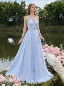 Faeriesty Đầm dạ hội thanh lịch dành cho nữ, kiểu dáng chữ A, lệch vai, hở lưng, thắt nơ, xẻ tà cao, lý tưởng để tham dự các buổi dạ tiệc sang trọng, tiệc chiêu đãi lớn, tiệc cưới, biểu diễn opera và các bữa tối từ thiện cao cấp. - Màu xanh nhạt - Xem 5