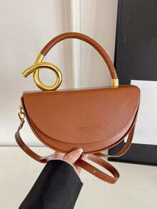 Niche Artificial Leather Design Women's Handbag, Fashionable Retro Textured Crossbody Bag, Solid Color Multifunctional Underarm Saddle Bag - Brown - View 9