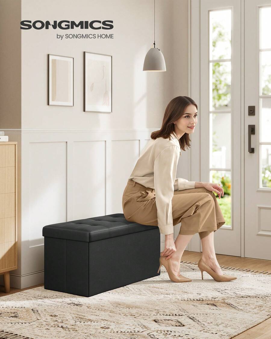 SONGMICS MAZIE Collection - 30 Inches Folding Storage Ottoman Bench, Ottoman With Storage, Foot Rest Stool, Load 660 Lb, For Living Room, Synthetic Leather - Black - View 1