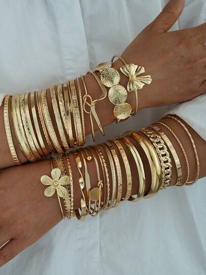 12 Stück/7 Stück/2 Stück Set Vintage asymmetrischer Blumen- & Schleifen-Dekor Armband-Kombination, elegantes Lässig Accessoire für Frauen, geeignet für Date, Urlaub, Alltag, Party, Jahrestags-Geschenk