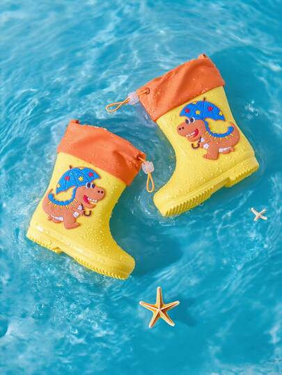 New Yellow Children's Rain Boots With Cute Cartoon Dinosaur Pattern, Suitable For Girls. Boys' Version Also Available. An Ideal Choice For Indoor And Outdoor Wear In Autumn And Winter. Fashionable, Comfortable, Soft, Can Also Be Worn As Summer Shoes And Water Shoes. With Drawstring Shoe Mouth, Suitable For Hiking, Water Parks, Schools, Travels And Various Occasions. A Must-Have Item.