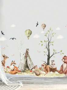 1 Set Cute Cartoon Small Animal Green Plant Combination Wall Sticker Glass Bedroom Children's Room Living Room Kindergarten Background Decoration Wall Sticker