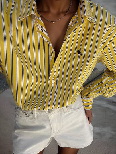 قميص نسائي مطرز بخطوط طويل الأكمام، مناسب للارتداء اليومي والتنقل في فصل الخريف