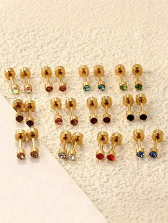 12 pares de pendientes de botón con circonita cúbica brillante de 3 mm de tamaño, de acero inoxidable, chapado en oro de 18 quilates, hipoalergénicos, de colores variados, para vestimenta casual y regalos festivos, adecuados para el Día de San Valentín, el Día de la Madre y la Navidad