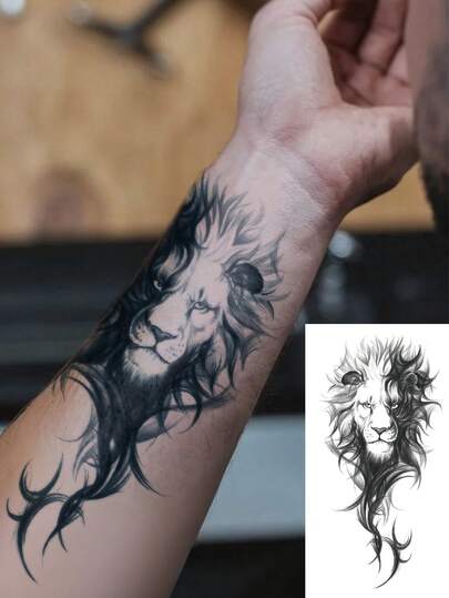 1 Sheets Big Size Body Art Temporary Tattoo Stickers For Women And Men, Black Lion Animal Pattern, Waterproof Fake Tattoo, Lasts 2-5 Days, Covering Scars,Can Be Used On Arms Wrist Shoulders Legs Waist Neck Hand Chest Thighs Finger, Suitable For Parties, Gifts, Vacations