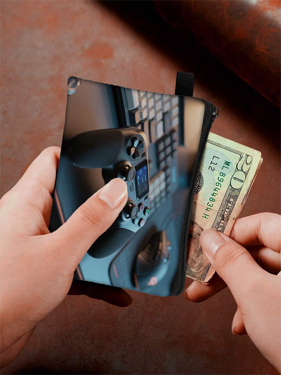 1 pieza Monedero compacto con cremallera, bolsa con cremallera de poliéster de moda y duradera, diseño impreso con estilo de gamepad, ideal para guardar monedas y pequeños artículos esenciales, regalo divertido con cierre , material duradero, fácil de mantener