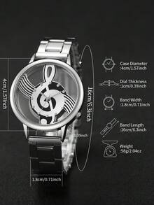 2pcs/Set Women's Hollow Music Note Dial Quartz Watch With Steel Band + Heart Shaped Bracelet, Watch Box Not Included - Silver - View 5