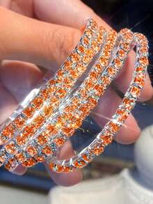 5pcs Sparkling Crystal Elastic Bangle Bracelets, Adjustable Bling Bling Party Style Jewelry Gift For Women - Orange - View 2