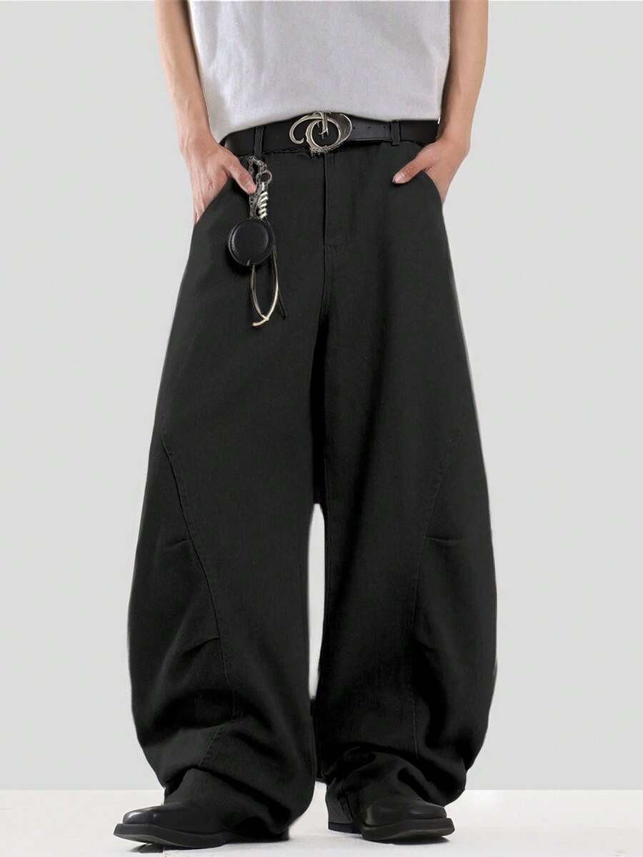 1pc Justice Brother Retro Denim Jeans, Personalized Curved Knife Design, Casual Street Style Wide Leg Loose Fit Washed High-End Pants For Men, Grunge - Black - View 1