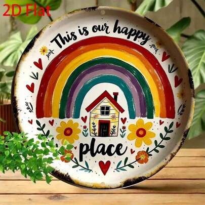 2D Flat, 1pc Vintage Interesting Metal Tin Sign Wall Art - 8"X8" Round Metal Faux Embossed Plaque With "This Is Our Happy Place" Design, Vibrant Rainbow House And Floral Decor, Suitable For Kitchen, Garden, Cafe, Garage, Kitchen Wall Decor | Retro Wall Art | Colorful Art, Metal Wall Art Decor, 2D Flat, Random Hole Positions