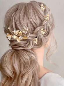 7pcs Handmade Gold Alloy Leaf, Faux Pearl & Flower Bridal Headpiece Set, Wedding/Party Hair Accessories Valentine's Day Accessories,Summer,Beach,Festival,Elegant - Gold - View 3