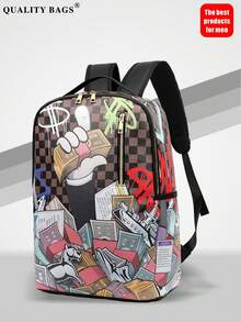 1 Stück lässiger College-Stil Rucksack, große Kapazität, Cartoon-Muster, modischer lässiger Muster, Buchstaben-Muster, Graffiti-Muster, geeignet für Männer, Festivals, Sport, Urlaub, Retro, kann Dateien halten, Reisen, Gym, Muster, Universitäts-Rucksack, Schul-Rucksack, Campus-Rucksack, Laptop-Rucksack, Rückkehr zur Schule Saison 2000er Jahre Stil