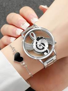 2pcs/Set Women's Hollow Music Note Dial Quartz Watch With Steel Band + Heart Shaped Bracelet, Watch Box Not Included - Silver - View 2